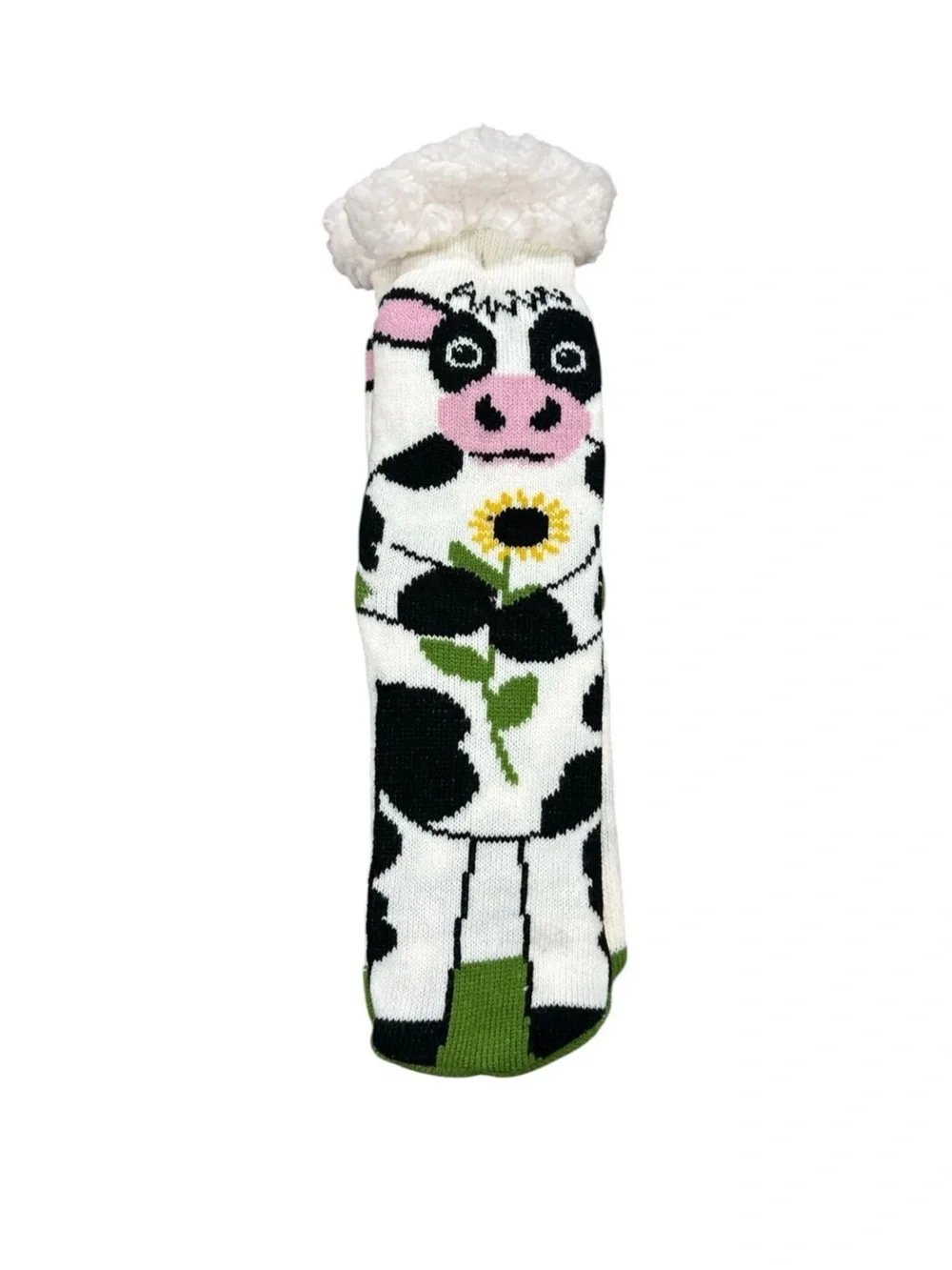 Kids Cow Print Fuzzy Cuff Socks in White, Black & Pink